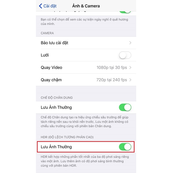 Tại đây, tùy chọn Lưu ảnh thường để mặc định ON