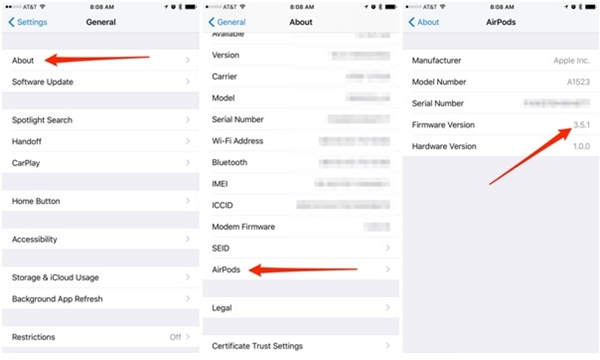 Các bước kiểm tra phiên bản firmware tai nghe AirPods trên các thiết bị iOS