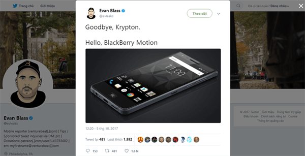 Evan Blass đã đăng một Tweet trên Twitter: "Tạm biệt Krypton, và chào đón một chiếc smartphone BlackBerry cảm ứng toàn màn hình mới."