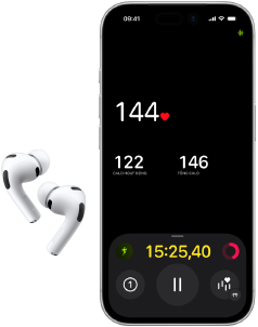 AirPods Pro 3, nửa dưới của màn hình iPhone 17 Pro, ứng dụng Thể Dục hiển thị nhịp tim