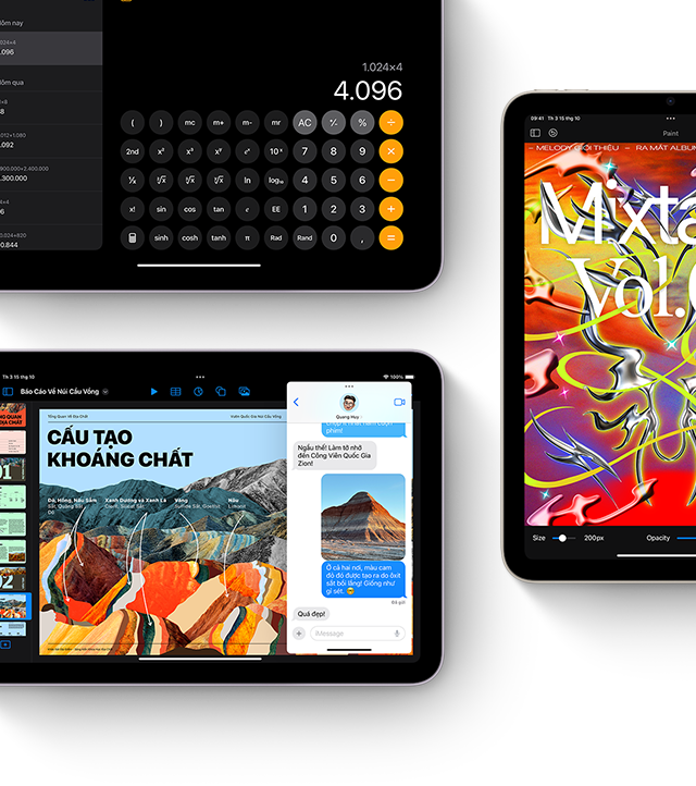 Ba màn hình iPad mini hiển thị các tính năng của iPadOS và ứng dụng