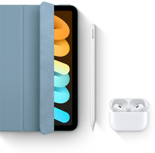 iPad mini được thể hiện đang sử dụng cùng với Smart Folio, Apple Pencil Pro và AirPods Pro