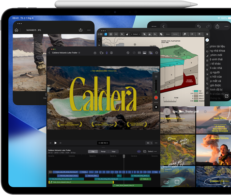 iPad Pro, vỏ ngoài mặt trước, nằm ngang, màu đen không gian, Apple Pencil nằm trên thiết bị, màn hình hiển thị nhiều cửa sổ ứng dụng xếp chồng lên nhau, bao gồm Final Cut Pro với nhiều tính năng chỉnh sửa video và dòng thời gian, Bản Đồ, Ghi Chú và nhiều clip media