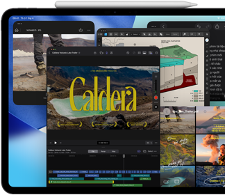 iPad Pro, vỏ ngoài mặt trước, nằm ngang, màu đen không gian, Apple Pencil nằm trên thiết bị, màn hình hiển thị nhiều cửa sổ ứng dụng xếp chồng lên nhau, bao gồm Final Cut Pro với nhiều tính năng chỉnh sửa video và dòng thời gian, Bản Đồ, Ghi Chú và nhiều clip media