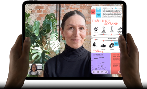 iPad Pro, vỏ ngoài mặt trước, nằm ngang, màu đen không gian, các góc bo tròn, viền màn hình màu đen, bàn tay cầm ở bên trái và bên phải, màn hình hiển thị cuộc trò chuyện FaceTime đang được dịch trực tiếp, và một ứng dụng giáo dục hiển thị bài thuyết trình "Thần Thoại So Sánh" với văn bản, biểu đồ và ghi chú viết tay