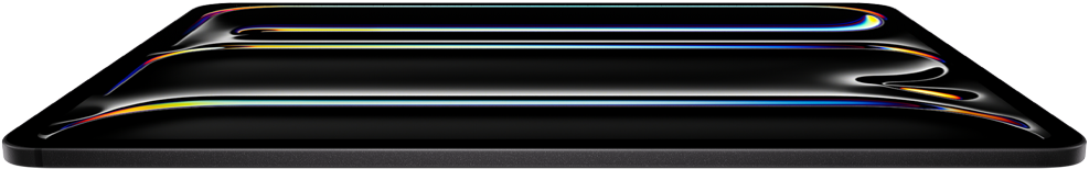 iPad Pro, vỏ ngoài mặt trước, màu đen không gian, vỏ máy bằng nhôm và kính, thiết kế mỏng, nghiêng về phía sau với màn hình hiển thị nét vẽ nghệ thuật nhiều màu sắc