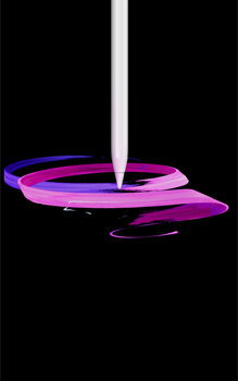 Apple Pencil Pro, vỏ ngoài mặt trước, theo chiều dọc, hình ảnh mặt nghiêng, màu trắng, thiết bị đang vẽ thiết kế ruy băng trừu tượng màu tím và hồng