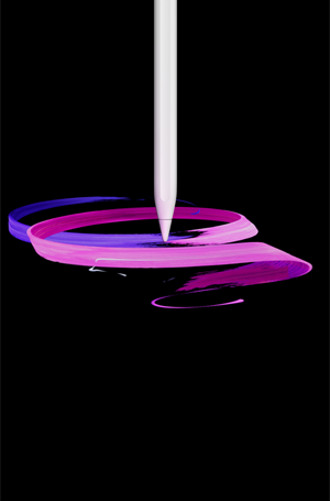 Apple Pencil Pro, vỏ ngoài mặt trước, theo chiều dọc, hình ảnh mặt nghiêng, màu trắng, thiết bị đang vẽ thiết kế ruy băng trừu tượng màu tím và hồng