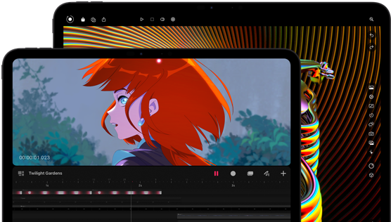 iPad Pro 13 inch và iPad Pro 11 inch, vỏ ngoài mặt trước, nằm ngang, màu đen không gian, các góc bo tròn, viền màn hình màu đen, màn hình 11 inch hiển thị hình ảnh sống động của một nhân vật có mái tóc đỏ, màn hình 13 inch hiển thị giao diện chỉnh sửa ảnh đầy màu sắc