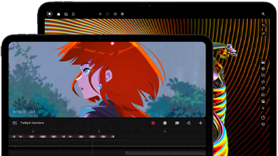 iPad Pro 13 inch và iPad Pro 11 inch, vỏ ngoài mặt trước, nằm ngang, màu đen không gian, các góc bo tròn, viền màn hình màu đen, màn hình 11 inch hiển thị hình ảnh sống động của một nhân vật có mái tóc đỏ, màn hình 13 inch hiển thị giao diện chỉnh sửa ảnh đầy màu sắc