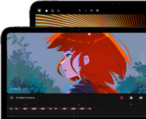 iPad Pro 13 inch và iPad Pro 11 inch, vỏ ngoài mặt trước, nằm ngang, màu đen không gian, các góc bo tròn, viền màn hình màu đen, màn hình 11 inch hiển thị hình ảnh sống động của một nhân vật có mái tóc đỏ, màn hình 13 inch hiển thị giao diện chỉnh sửa ảnh đầy màu sắc