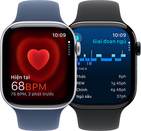 Ứng dụng Nhịp Tim hiển thị chỉ số hiện tại là 68 BPM và màn hình thông báo ngưng thở khi ngủ trên hai thiết bị Apple Series 10 riêng biệt.