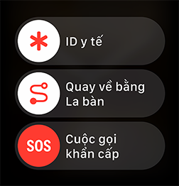 Thanh trượt cuộc gọi khẩn cấp được hiển thị cùng với thanh trượt ID Y Tế và La Bàn Quay Về