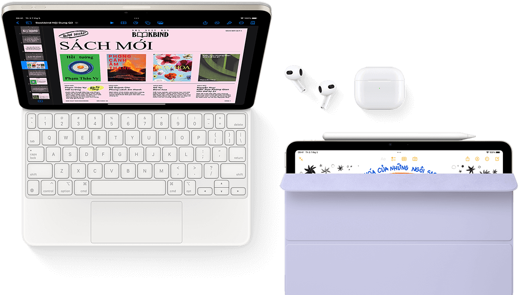 iPad Air với Magic keyboard, Airpods Pro và phụ kiện Apple Pencil Pro