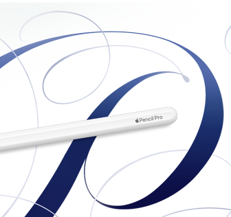 Apple Pencil Pro, màu trắng, hiển thị trên nền trắng với các vòng xoáy màu xanh dương