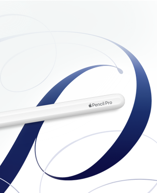Apple Pencil Pro, màu trắng, hiển thị trên nền trắng với các vòng xoáy màu xanh dương