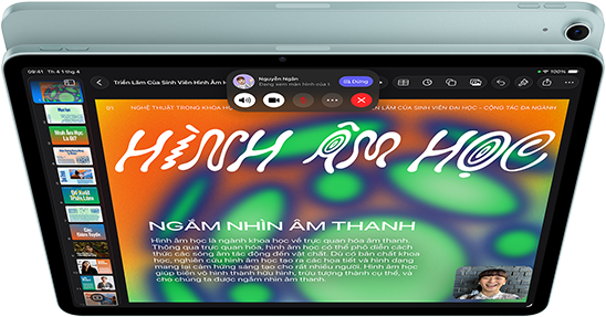 iPad Air, màu Xanh Dương, vỏ ngoài mặt trên, màn hình hiển thị ứng dụng Keynote trên tính năng chia sẻ màn hình trong cuộc gọi video FaceTime, vỏ ngoài mặt sau, camera sau Wide 12MP, nút tăng âm lượng, nút giảm âm lượng