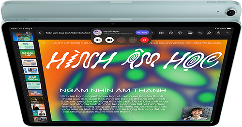 iPad Air, màu Xanh Dương, vỏ ngoài mặt trên, màn hình hiển thị ứng dụng Keynote trên tính năng chia sẻ màn hình trong cuộc gọi video FaceTime, vỏ ngoài mặt sau, camera sau Wide 12MP, nút tăng âm lượng, nút giảm âm lượng