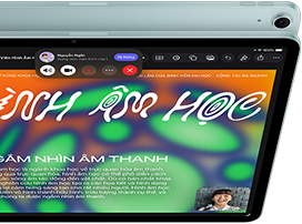 iPad Air, màu Xanh Dương, vỏ ngoài mặt trên, màn hình hiển thị ứng dụng Keynote trên tính năng chia sẻ màn hình trong cuộc gọi video FaceTime, vỏ ngoài mặt sau, camera sau Wide 12MP, nút tăng âm lượng, nút giảm âm lượng