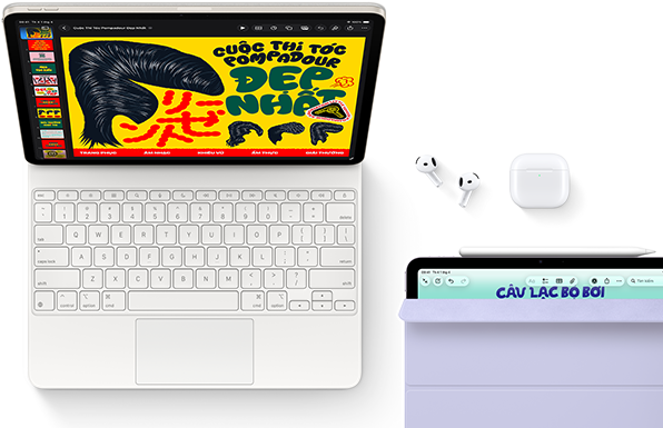 iPad Air, màu Ánh Sao, đồ họa đầy màu sắc trên màn hình, gắn với Magic Keyboard, các phụ kiện Airpods Pro và Apple Pencil Pro