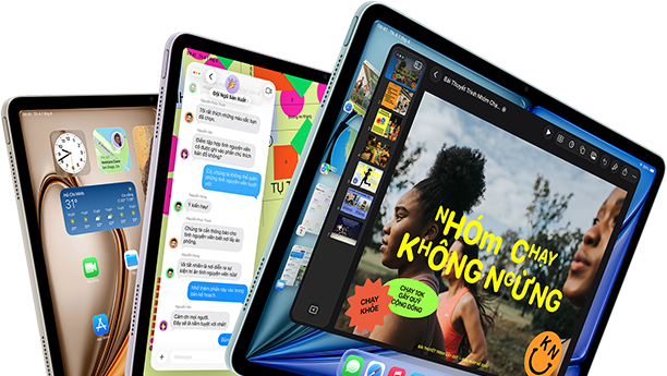 Ba màn hình iPad Air được sắp xếp giống như hình quạt, các màu: Xanh Dương, Tím, Màu Ánh Sao, vỏ ngoài mặt trước, vỏ ngoài mặt bên, các ứng dụng hiển thị trên màn hình bao gồm ứng dụng Keynote, Tin Nhắn và Màn Hình Chính