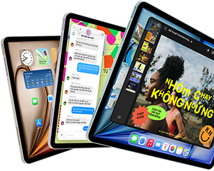 Ba màn hình iPad Air được sắp xếp giống như hình quạt, các màu: Xanh Dương, Tím, Màu Ánh Sao, vỏ ngoài mặt trước, vỏ ngoài mặt bên, các ứng dụng hiển thị trên màn hình bao gồm ứng dụng Keynote, Tin Nhắn và Màn Hình Chính