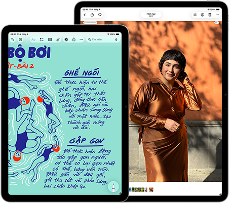 Hai chiếc iPad Air, kích thước: 11 inch và 13 inch, chiếc 11 inch hiển thị văn bản đầy màu sắc trên ứng dụng Ghi Chú, màn hình chiếc 13 inch hiển thị ảnh của một người trên ứng dụng Ảnh