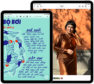 Hai chiếc iPad Air, kích thước: 11 inch và 13 inch, chiếc 11 inch hiển thị văn bản đầy màu sắc trên ứng dụng Ghi Chú, màn hình chiếc 13 inch hiển thị ảnh của một người trên ứng dụng Ảnh