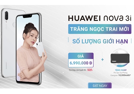 Đặt trước Huawei Nova 3i màu Trắng Ngọc Trai, nhận sạc dự phòng 10.000mAh